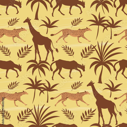 Dynamic wildlife pattern features giraffes and cheetahs roaming in a tropical setting, offering a stylish, nature-inspired design for fabric and home decor purposes.