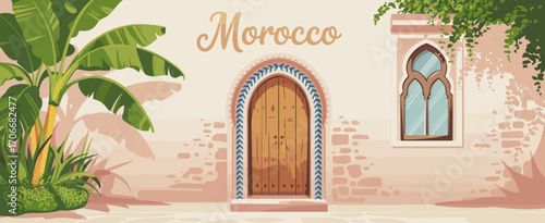 Featuring an elegant Moroccan portal framed by tropical plants, this image captures the fusion of nature and architecture, showcasing intricate details and textures.