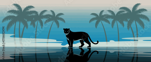 A striking silhouette of a panther stands gracefully against an aqua horizon, surrounded by palm trees, emphasizing elegance and tranquility in a stylized landscape.