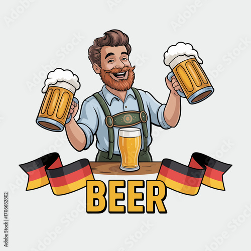 A delightful image of a man with a playful grin, raising two beer mugs high, evoking feelings of friendship, fun, and celebration among beer enthusiasts.