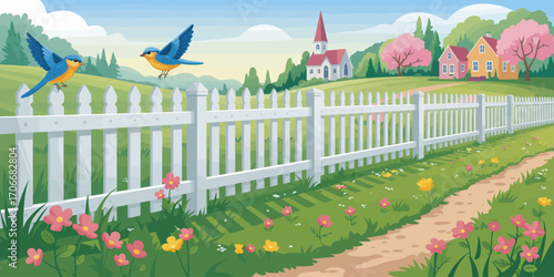 This delightful image features a picturesque countryside scene with blooming flowers and charming birds, highlighting nature's beauty and inviting relaxation in peaceful surroundings.