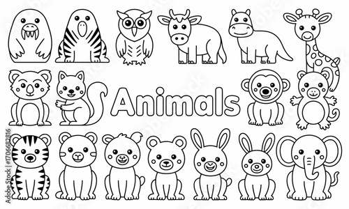 This charming coloring page features a delightful assortment of cute animals aimed at entertaining and inspiring children's creativity and imaginative play.