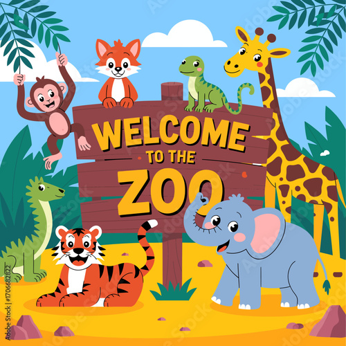 This vibrant illustration features a welcoming zoo sign with a variety of friendly animals including a monkey, fox, giraffe, and elephant, surrounded by lush greenery.