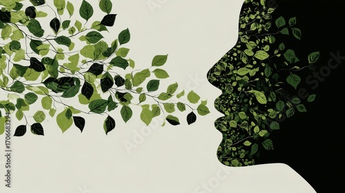 Nature's Voice: A silhouette head composed of lush foliage merges with the natural world, symbolizing the voice of the environment, natural harmony and sustainability