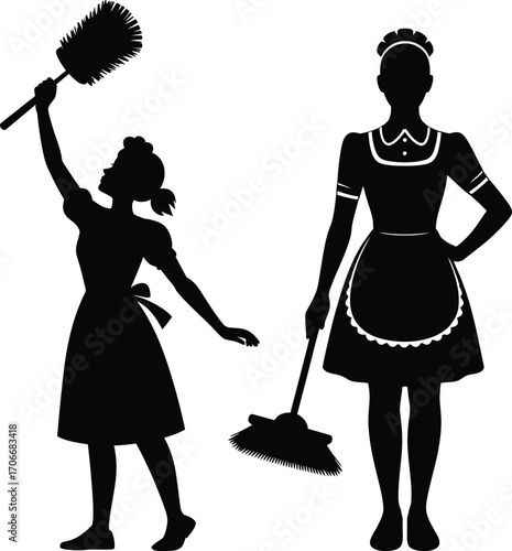 Silhouette of Housemaids Cleaning with Feather Duster and Mop Vector Illustration