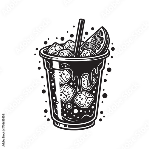 Cold drink in a cup with ice and lemon slice, black and white graphic vector illustration.
