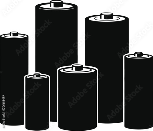 Silhouette of Battery Cells Set Different Sizes Power Energy Vector Illustration