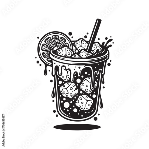 Cold drink in a cup with ice and lemon slice, black and white graphic vector illustration.
