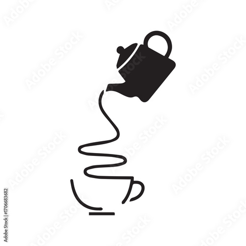 Creative tea logo with a teapot pouring liquid to form a teacup, abstract black and white vector illustration.