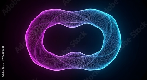 Luminous Abstract Loop: Glowing Ribbon of Electric Blue and Magenta Undulation Against Dark Void, a Futuristic Visual Representation of Advanced Technology and Scientific Visualization!