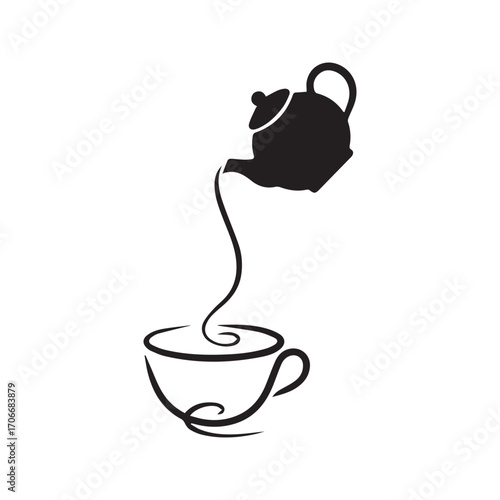 Creative tea logo with a teapot pouring liquid to form a teacup, abstract black and white vector illustration.