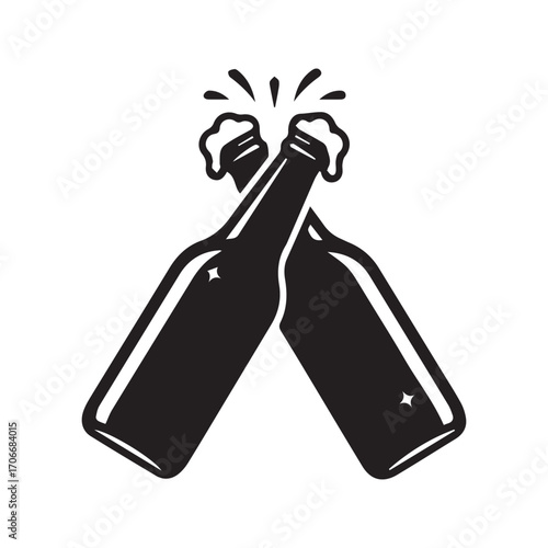 Two crossed beer bottles clinking in a toast, black and white graphic icon. Cheers symbol for a pub or bar, vector illustration.
