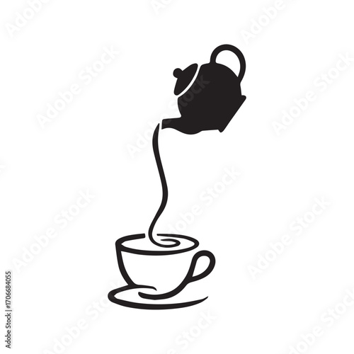 Creative tea logo with a teapot pouring liquid to form a teacup, abstract black and white vector illustration.