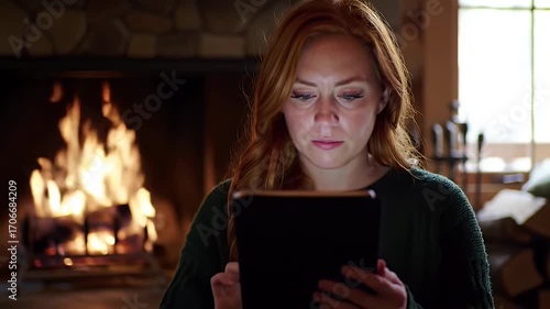 Woman using tablet by fireplace.