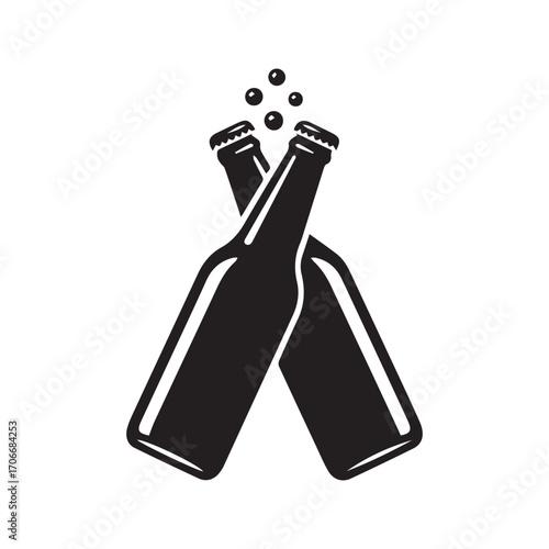 Two crossed beer bottles clinking in a toast, black and white graphic icon. Cheers symbol for a pub or bar, vector illustration.
