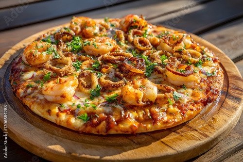 Whole seafood pizza topped with prawns and squid rings served on wooden board in warm sunlight.