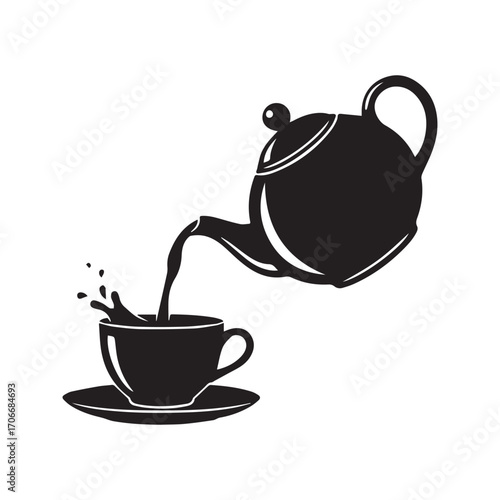Teapot pouring hot tea or coffee into a cup on a saucer. Black and white silhouette icon, simple graphic vector illustration for a cafe menu.
