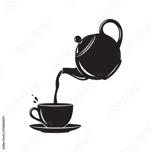 Teapot pouring hot tea or coffee into a cup on a saucer. Black and white silhouette icon, simple graphic vector illustration for a cafe menu.
