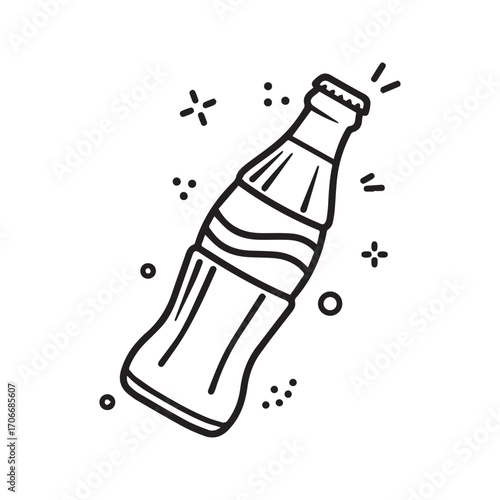 Classic cola bottle icon, sparkling fizzy soda drink, simple black and white line art vector illustration
