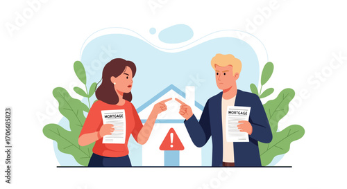 Flat illustration of a couple arguing over unpaid mortgage papers in front of a house with warning signs, symbolizing debt problems, financial stress, foreclosure risk, and housing crisis