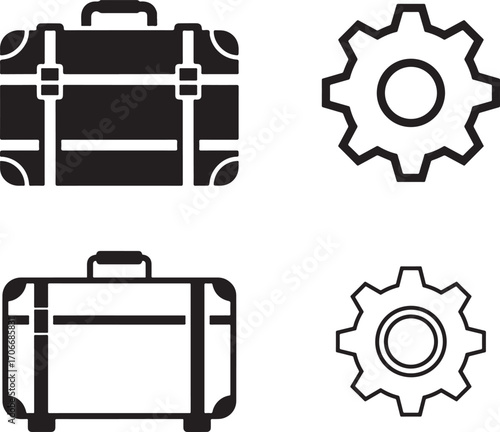 Collection of Travel and Business Management Icons Featuring Suitcases and Cogwheels