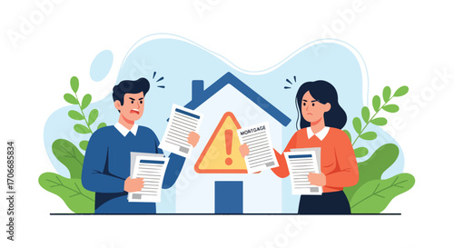 Flat illustration of a couple arguing over unpaid mortgage papers in front of a house with warning signs, symbolizing debt problems, financial stress, foreclosure risk, and housing crisis
