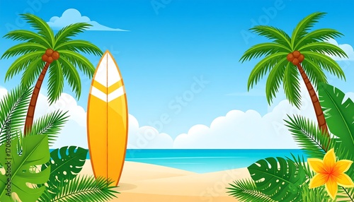 Tropical beach scene with surfboard