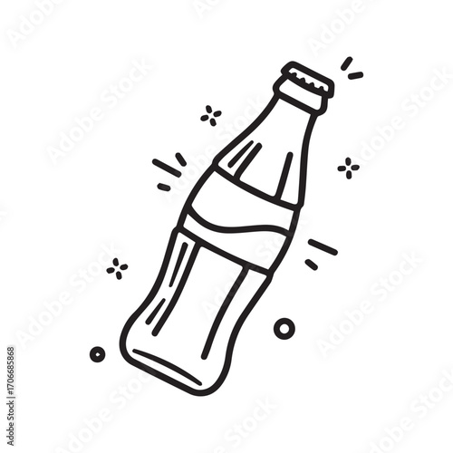 Classic cola bottle icon, sparkling fizzy soda drink, simple black and white line art vector illustration
