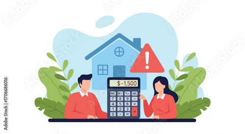 Flat illustration of a stressed couple facing unpaid mortgage debt with calculator and negative balance, symbolizing foreclosure risk, financial hardship, loan default, and housing payment struggles