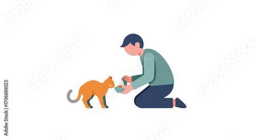 Stylized Illustration Depicting Affectionate Bond Between a Man and his Orange Cat, Portraying Act of Nurturing and Care in a Minimalist Composition