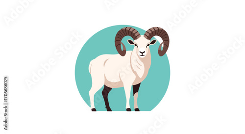 Majestic ram illustration with swirling horns against a serene turquoise backdrop creating a visual harmony of strength and tranquility
