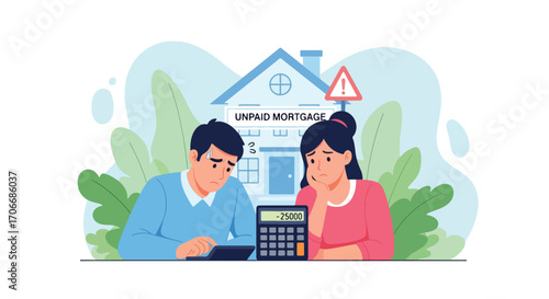 Flat illustration of a stressed couple facing unpaid mortgage debt with calculator and negative balance, symbolizing foreclosure risk, financial hardship, loan default, and housing payment struggles