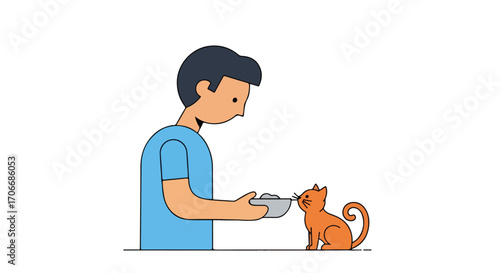A boy affectionately feeds his ginger cat, sharing a moment of simple domestic connection and companionship within a minimalistic design