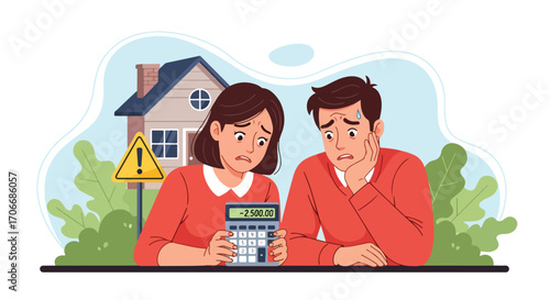 Flat illustration of a stressed couple facing unpaid mortgage debt with calculator and negative balance, symbolizing foreclosure risk, financial hardship, loan default, and housing payment struggles
