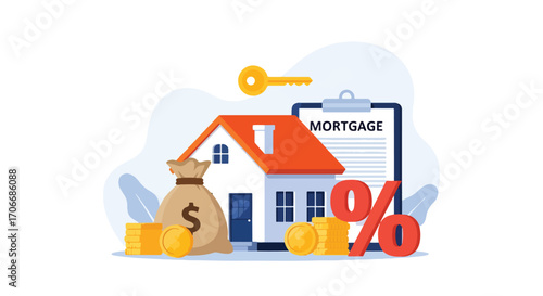Flat illustration of a mortgage contract with house, coins, money bag, key, and percentage sign, symbolizing home loans, property investment, financial planning, and real estate agreements