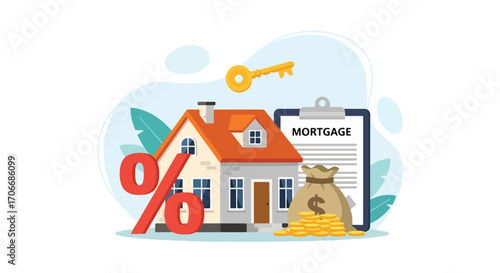Flat illustration of a mortgage contract with house, coins, money bag, key, and percentage sign, symbolizing home loans, property investment, financial planning, and real estate agreements