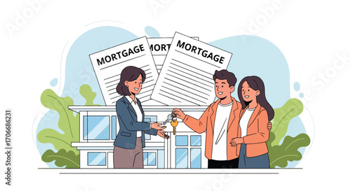 Flat illustration of a couple receiving house keys from an agent in front of a mortgage contract and home, symbolizing real estate purchase, housing loans, and financial agreements