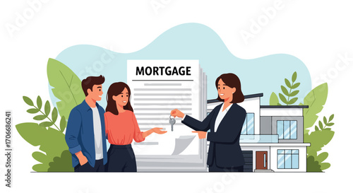 Flat illustration of a couple receiving house keys from an agent in front of a mortgage contract and home, symbolizing real estate purchase, housing loans, and financial agreements