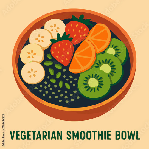 A colorful vector illustration of a vegetarian smoothie bowl with fruits and seeds, solid colors, white background