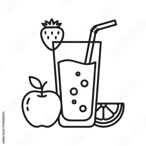 Fresh fruit juice smoothie icon with apple, strawberry, and orange, healthy natural beverage line art vector
