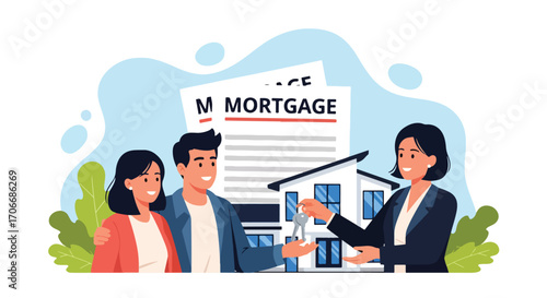 Flat illustration of a couple receiving house keys from an agent in front of a mortgage contract and home, symbolizing real estate purchase, housing loans, and financial agreements