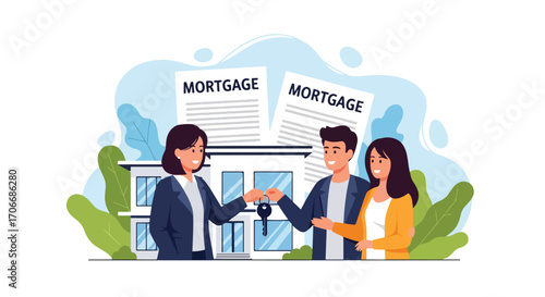 Flat illustration of a couple receiving house keys from an agent in front of a mortgage contract and home, symbolizing real estate purchase, housing loans, and financial agreements