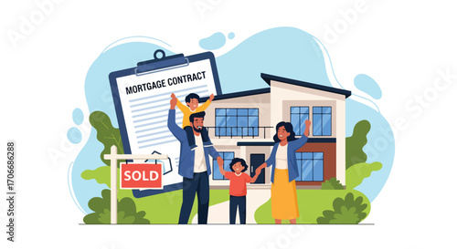 Flat illustration of a happy family celebrating in front of their new home with a sold sign and mortgage contract, symbolizing property purchase, real estate success, and financial stability