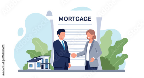Flat illustration of two people shaking hands in front of a large mortgage agreement and house, symbolizing property purchase, home loans, real estate contracts, and successful financial partnerships