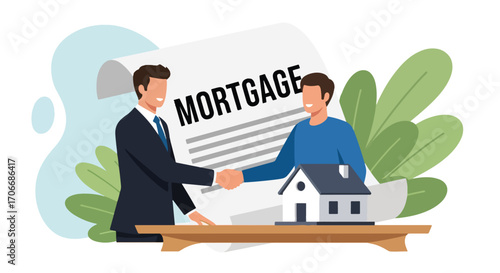 Flat illustration of two people shaking hands in front of a large mortgage agreement and house, symbolizing property purchase, home loans, real estate contracts, and successful financial partnerships