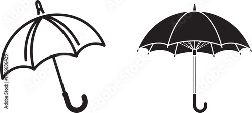 Pair of Open Umbrella Icons, Line Art and Solid Fill Style