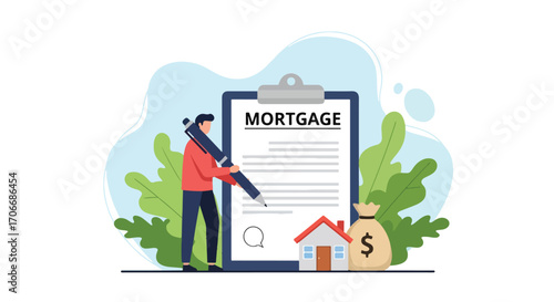 Flat illustration of a person signing a mortgage contract with house, money bag, and clipboard, symbolizing housing loans, property investment, financial agreements, and real estate ownership planning