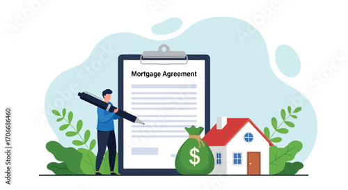 Flat illustration of a person signing a mortgage contract with house, money bag, and clipboard, symbolizing housing loans, property investment, financial agreements, and real estate ownership planning