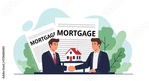 Flat illustration of two people shaking hands in front of a large mortgage agreement and house, symbolizing property purchase, home loans, real estate contracts, and successful financial partnerships