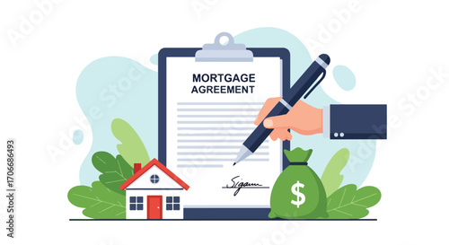 Flat illustration of a person signing a mortgage contract with house, money bag, and clipboard, symbolizing housing loans, property investment, financial agreements, and real estate ownership planning